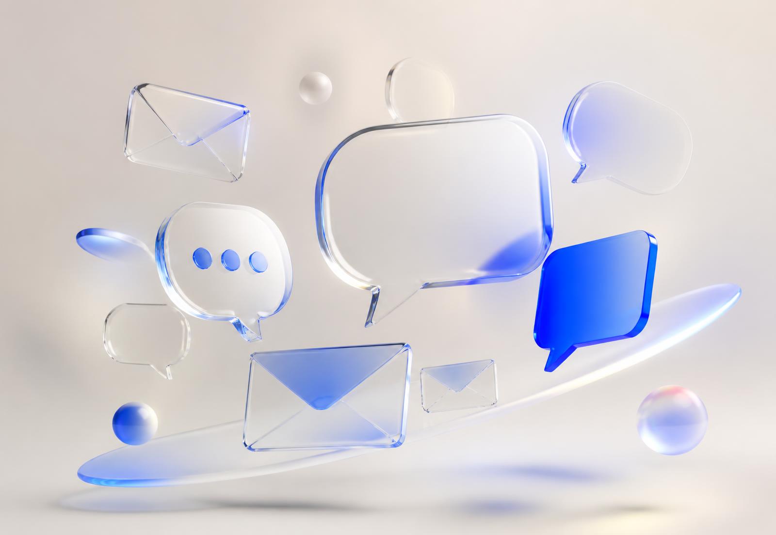 Composição abstrata de balões de conversa e envelopes de vidro