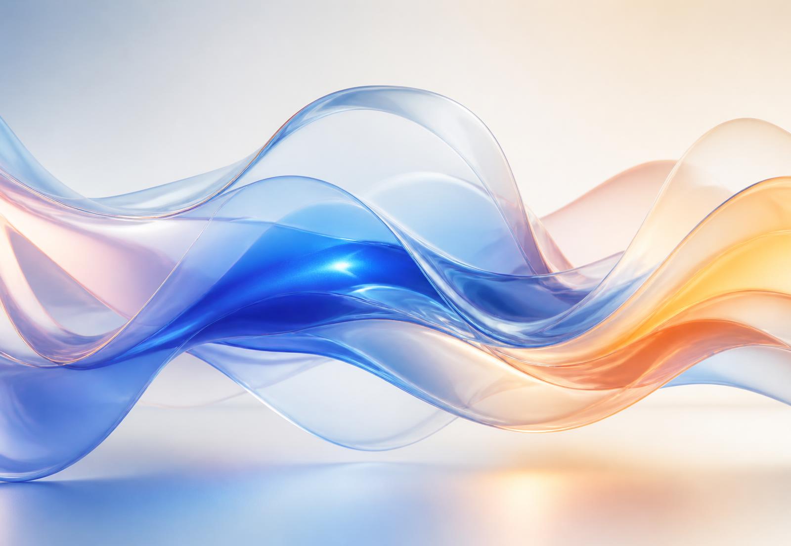 Formas de vidro luminosas em azul e âmbar representando produtos digitais